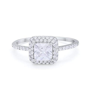 Halo Princess Cut Wedding Ring Round Simulated CZ 925 Sterling Silver